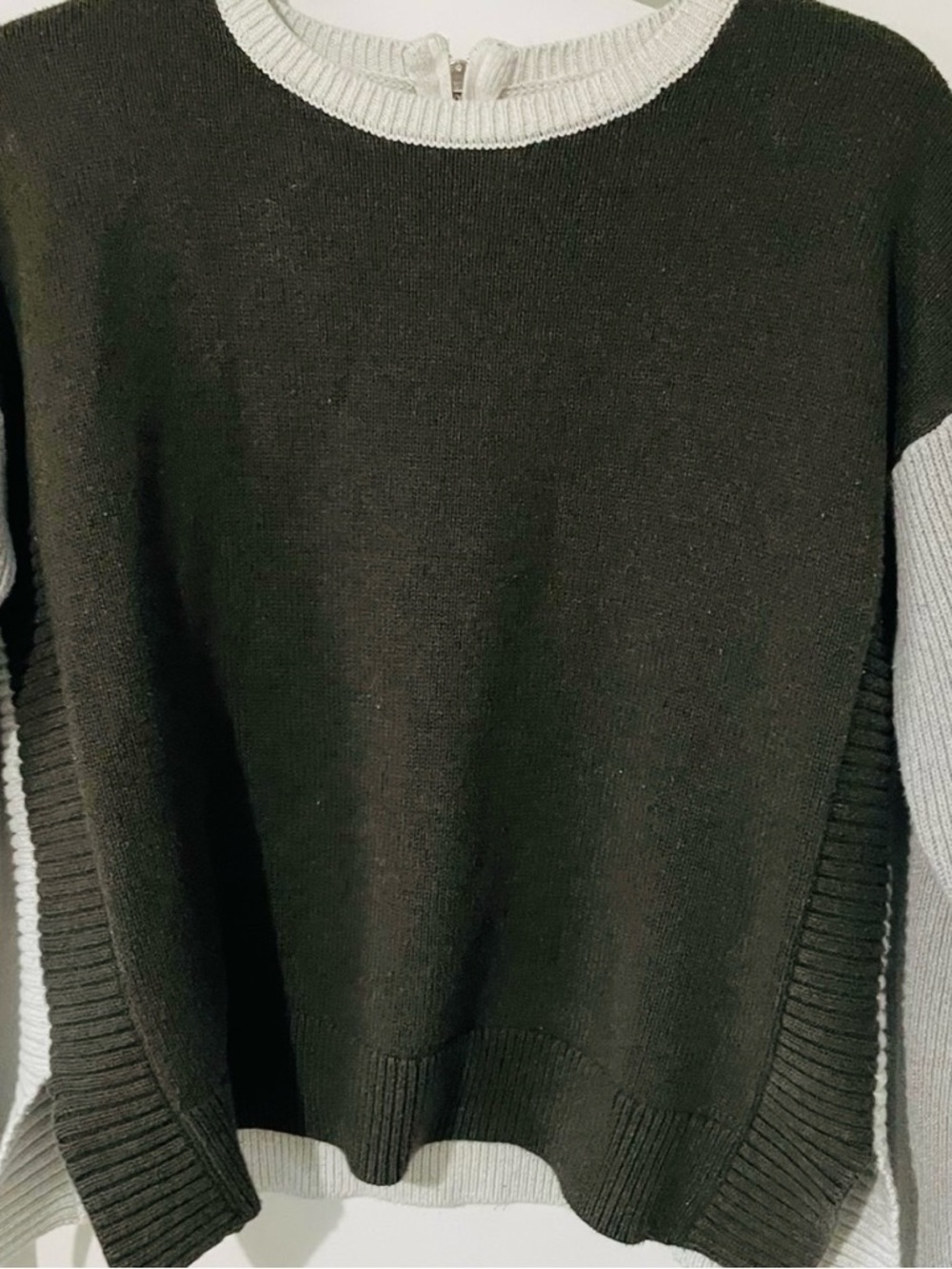 Tahari Olive, Grey and Cream Color Block Crew Neck Sweater with Back Zipper